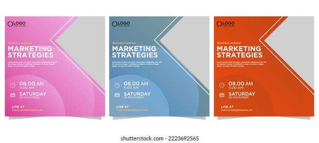 Webinars promotion square banner template collection. Editable modern banner on blue, purple and red background. Can be used for social media posts, and web ads