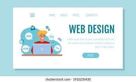 The webmaster sits at the computer and programs. Template for a website or landing page. The concept of remote work.