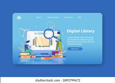WebModern flat design vector illustration. Digital Library Landing page and Web banner Template. E-Learning, E-Book, E-learning research, Online Reading, library of encyclopedia, web archive Concept
