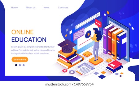 WebOnline education infographic or web template with a female student working at a digital screen surrounded by text books and a mortarboard hat for her graduation, vector illustration