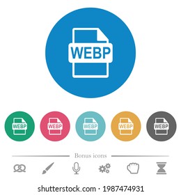 WEBP file format flat white icons on round color backgrounds. 6 bonus icons included.