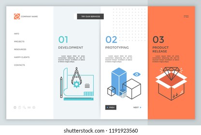 Webpage with 3 rectangles, linear icons, numbers and description. Three steps to product release. Company's work visualization. Infographic design layout. Vector illustration for corporate portfolio.