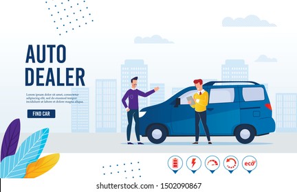 Webpage Banner Advertising Modern Auto Dealer Online Service. Finden Sie umweltfreundliche umweltfreundliche Elektroautos zum Kauf, Teilen oder Mieten. Cartoon-Kunden- und Vertriebsvereinbarung. Vektorflache Illustration