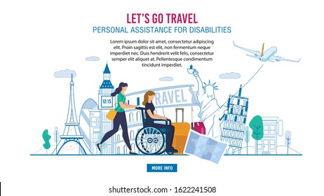 Webpage Banner Advertising Professional Assistance for Disabled People during Europe Voyage, Travelling on Vacation. Woman Volunteer Pushing Lady in Wheelchair, Help with Luggage Vector Illustration