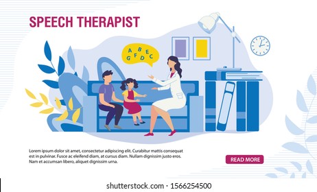 Webpage Banner with Children and Speech Therapist. Special Didactic Training and Education for Kids with Conversational Disorders. Medicine, Healthcare and Pedagogics. Vector Cartoon Flat Illustration