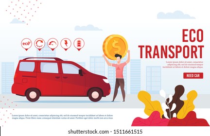 Webpage Banner Offer Modern Eco-Friendly Transport. Cartoon Man Holding Huge Gold Coin over Head Ready to Buy, Rent New Electric Green Car SUV. Service for Search Vehicle. Vector Flat Illustration