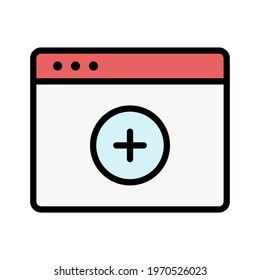 Webpage, browser, add, plus icon vector image. Can also be used for Webpages. Suitable for use on web apps, mobile apps and print media.