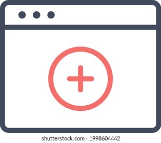 Webseite, Browser, Add, plus Symbol Vektorbild. Kann auch für Webseiten verwendet werden. Geeignet für den Einsatz in Web-Apps, mobilen Apps und Printmedien.