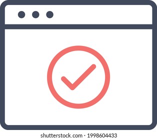 Webpage, browser, check, done icon vector image. Can also be used for Webpages. Suitable for use on web apps, mobile apps and print media.