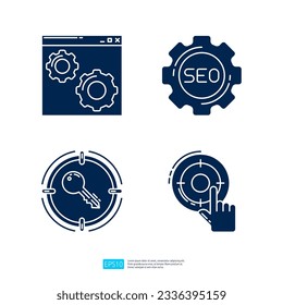 Webpage browser setting, SEO setting with gear wheel, target key keyword, internet marketing advertising target. SEO Search Engine Optimization and internet advertising glyph icon set