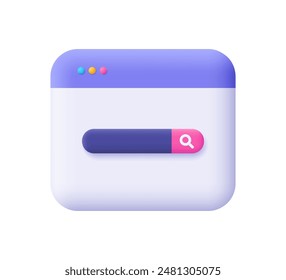 Webpage browser window and search bar. Searching and navigation on internet concept. 3d vector icon. Cartoon minimal style.