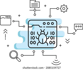 Ilustración de material de fallos en la página web, concepto de malware o spyware en el sitio web, diseño de iconos de secuestro de navegadores, signo de virus en Internet, computación en la nube y servicios de alojamiento en Internet Símbolo,