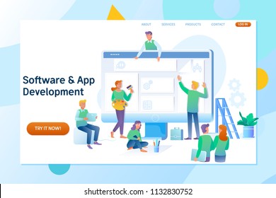 Webpage building and software technology development. A team of young professionals working on a landing page.