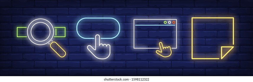 Webpage button templates neon sign set. Search box, browser, frames with cursor. Vector illustration in neon style, bright banner for topics like website, interface, internet store