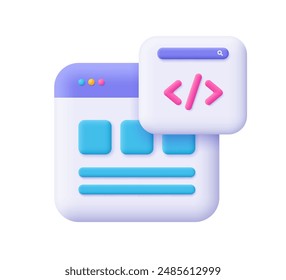 Página web con símbolo de código. Desarrollo de Web, ingeniería de software, programación y concepto de codificación.. Icono de Vector 3d. Dibujos animados estilo minimalista.