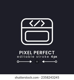 Webpage coding white linear desktop icon on black. Web page programming. Software development. Pixel perfect, outline 4px. Isolated user interface symbol for dark theme. Editable stroke
