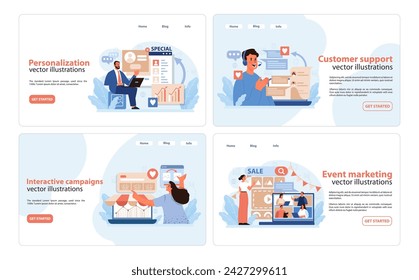 Diseño de página web Juego de compromiso del consumidor. Vibrantes ilustraciones que muestran los aspectos clave de la personalización, el servicio al cliente y el marketing de eventos en plataformas digitales.