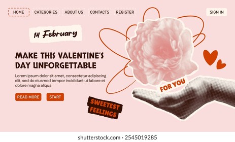 Webpage design with a halftone flower and hand in a Valentine’s Day collage style. Hand and flower elements on torn paper. Site design theme in Y2K style. Love, emotions, lines, hearts