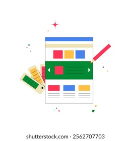 Webpage Design Layout With Color Swatches And Pencil In Flat Vector Illustration Symbolizing Website Development And Creativity, Isolated On White Background.