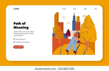 Webpage design with a modern cityscape and people enjoying a vibrant autumn setting, suitable for blogs or corporate sites.