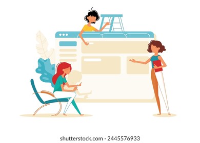 Webpage Development Team, vector illustration. Creative web design process.