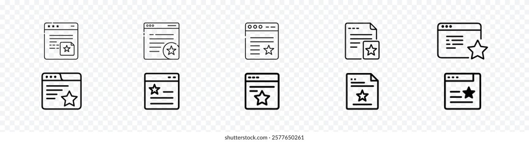 Webpage feedback icon, Write Review icon, Webpage with document and star rating vector icon. Web page. Online icon. 