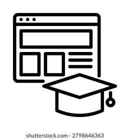 Webpage with graduation cap, online education and distance learning concept, outline style, isolated on background.