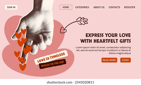 Webseite mit einer Halbtonhand, die sich der Liebe zuwendet. Site-Design im Stil einer Collage zum Valentinstag. Textaufkleber. Handelement auf zerrissenem Papier. Design-Design im Y2K-Stil. Liebe, Emotionen, Herzen