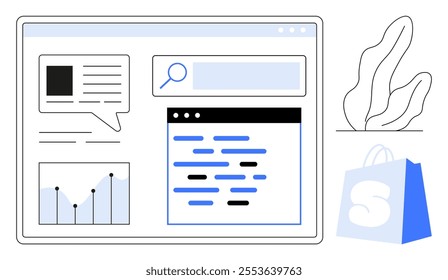 A webpage interface with graph chart, chat bubble, search bar, and code section. Blue shopping bag and abstract plant included. Ideal for data management, coding, e-commerce, search optimization