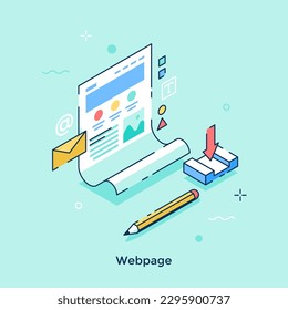 Webpage isometric concept vector illustration. Website developing instruments. App cartoon composition on turquoise background for web design. Creative idea for website, mobile, presentation