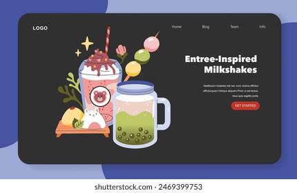 Webpage layout concept. Entree-inspired milkshakes promotion with playful graphics. Creative beverage marketing design. Vector illustration.