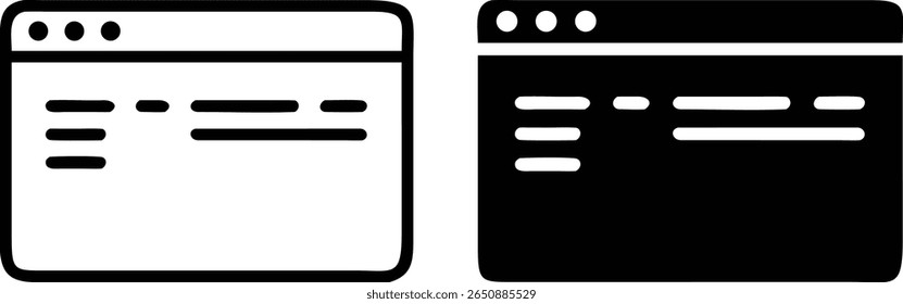 Webpage Layout Icon Set – Black and White Vector Browser Window Interface with Navigation Elements