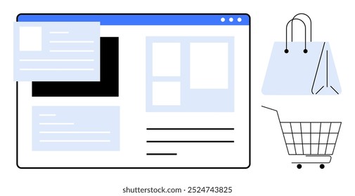 Un diseño de página web muestra varias secciones, acompañadas de íconos de Carrito de compras y bolso. Ideal para comercio electrónico, Diseño web, compras en línea, diseño UI UX y marketing digital. Estilo simple y limpio