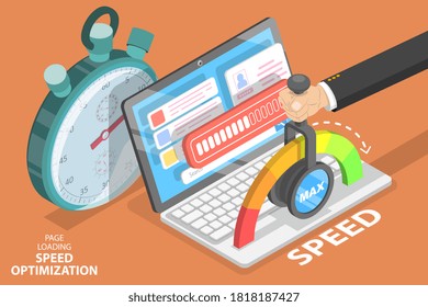 Webpage Loading Time Decreasing, Website Speed Optimization and SEO. 3D Isometric Flat Vector Conceptual Illustration.