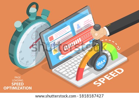 Webpage Loading Time Decreasing, Website Speed Optimization and SEO. 3D Isometric Flat Vector Conceptual Illustration.