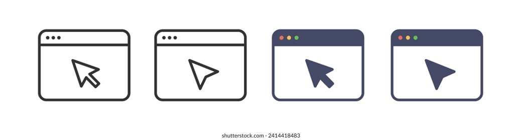 Webpage with mouse cursor icon. Computer website click sign. Internet browser interface. Mouse pointer in the site. Vector illustration.