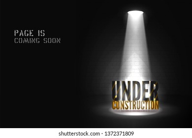 Webpage poster coming soon with 3d text in searchlight on scene. Under construction warning in spotlight on black background. Website dark banner with shiny light.