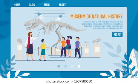 Webpage Presenting Natural History Museum for Kids. Landing Page Template for Digital Devices. Guide Showing Children Group Prehistoric Times Dinosaur Skeleton and Bones. Vector Illustration