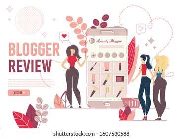 Webpage Presents Fashion Blogger Review. Instablog. Young Woman Showing New Cosmetics Products and Trends in Makeup on Mobile to Followers. Online Beauty Content for Social Media Network Creation