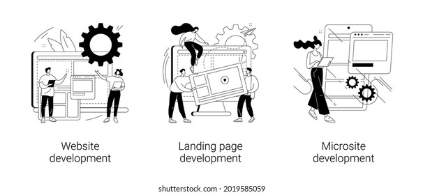 Webpage programming abstract concept vector illustration set. Website, landing page, microsite development, layout, front and back end, design template, menu bar, user experience abstract metaphor.