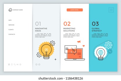 Webpage With Rectangular Columns, Thin Line Icons And Place For Description. Company's Product To Choose. Infographic Design Layout. Vector Illustration For Web Interface. Easy To Edit And Customize.