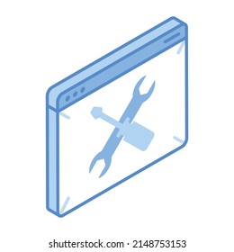 Webpage y destornillador y spanner, concepto de mantenimiento de sitios web icono isométrico 

