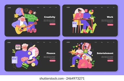 Webpage set featuring creative professionals in art, work efficiency, finance management, and leisure activities. Stylish and engaging user interface design. Vector illustration.