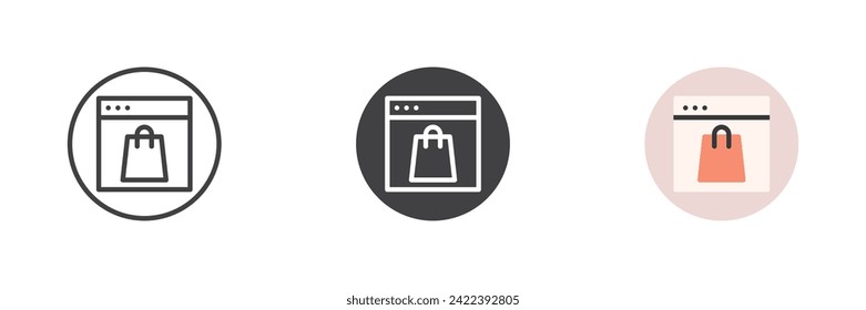 Webpage with shopping bag different style icon set. Line, glyph and filled outline colorful version, outline and filled vector sign. Online shopping symbol, logo illustration. Vector graphics
