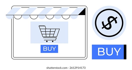 Webpage with shopping cart icon under blue striped awning, large dollar sign in circle, and blue buy button. Ideal for e-commerce, online transactions, digital marketing, retail, sales, web design