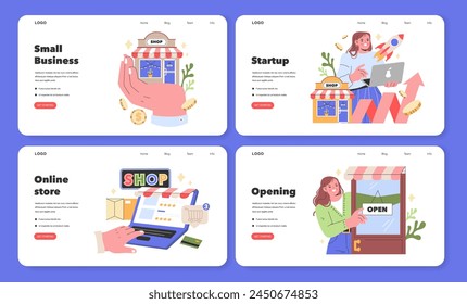 Webpage Small Business Collection A dynamic showcase of small business stages: inception, digital transition, blossoming startups, and joyful openings Vector illustration