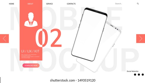 Webpage Smartphone Mockup template with web interface and abstract design. 3D realistic phones. UI/UX/KIT design. Template for advertising or page to the site, marketing, presentation. Vector