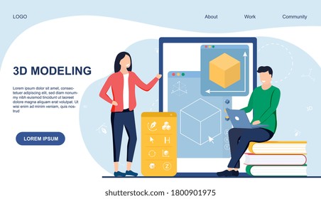 Webpage template for 3d modelling showing a man and woman working on an online digital interface, colored vector illustration