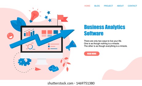 Webpage Template. Business analytics software blue arrow. Finance concept.	