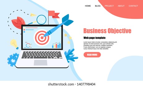 Webpage template. Business objective with an arrow, hit the target, goal achievement. Business concept vector illustration	